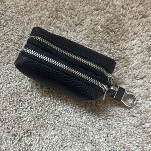 Black Leather Key Pouch with Silver Zipper